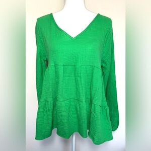 BiBi Green Tiered V-Neck Boho Top 100% Cotton Gauze Women Small